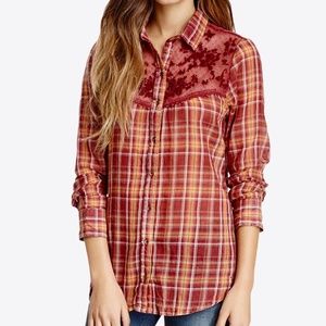 Free People Red Plaid Button Down Shirt